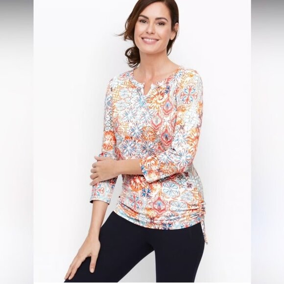 Talbots Tops - Talbots Sz M Split Neck Ruched Tee Pullover Blouse Freshwater Medallion Pattern